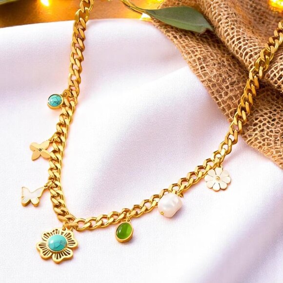 🆕Chunky 18K Gold Plated TrendybNecklace Colorful Charms Pearl Accents Y2K Style - Picture 8 of 13